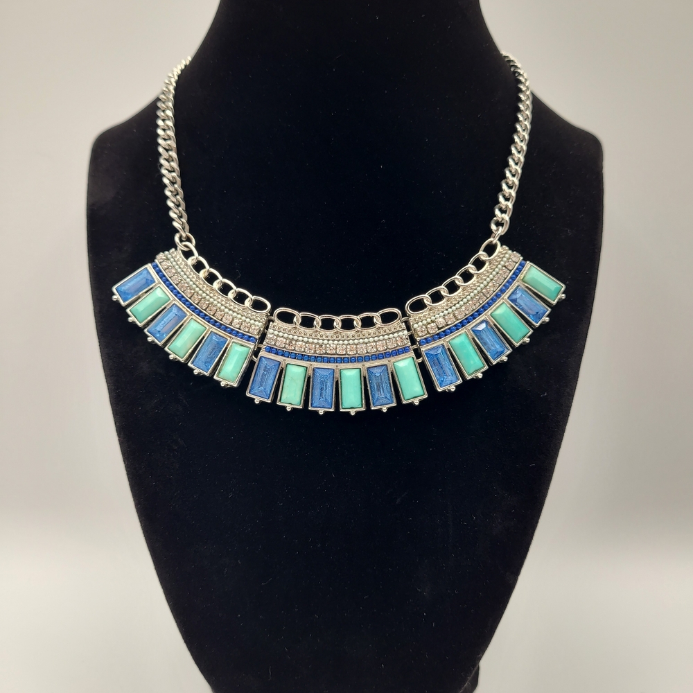 Boho Blue Green Statement Necklace Silver Bib Festival